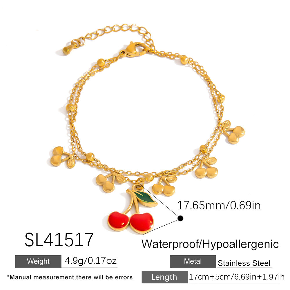 Stainless Steel Pearl Bracelet With Cherry And Bee Pendant