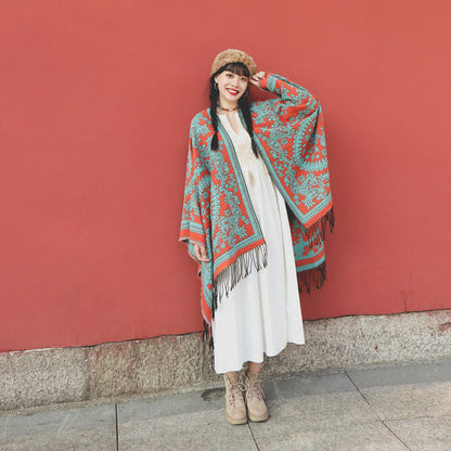 Tibetan Ethnic Totem Flower Big Shawl Retro Warm Scarf