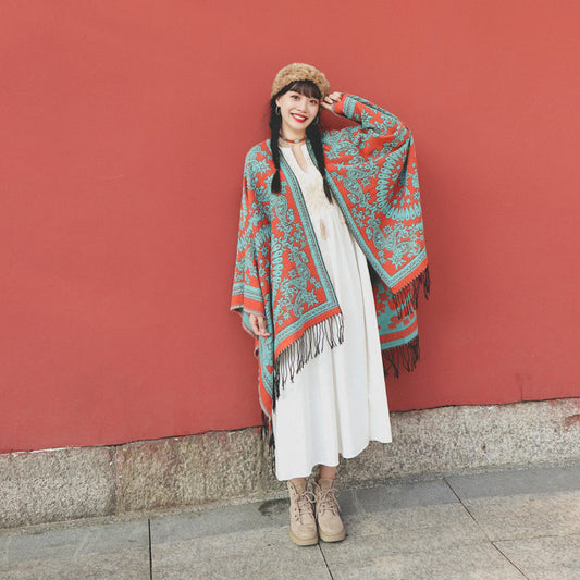Tibetan Ethnic Totem Flower Big Shawl Retro Warm Scarf