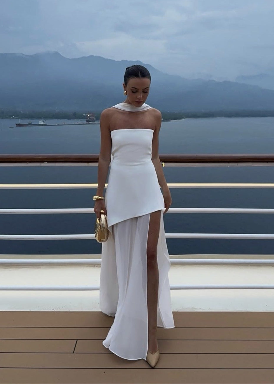 Strapless Chiffon Panel Gown with Asymmetrical Drape