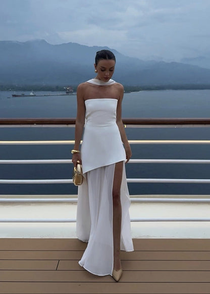 Strapless Chiffon Panel Gown with Asymmetrical Drape