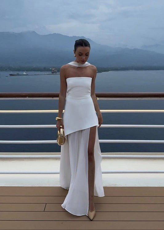 Strapless Chiffon Panel Gown with Asymmetrical Drape