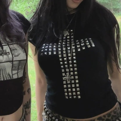 Cross Pendant Rhinestone Tank Top Comfortable Dark Aesthetic