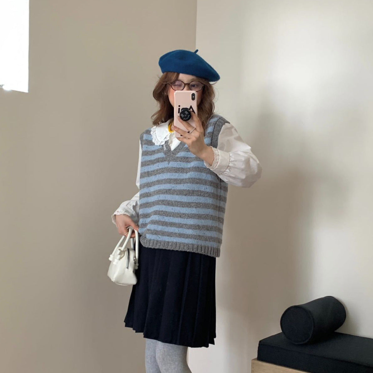 Sweet Embroidered Wool V-Neck Striped Vest