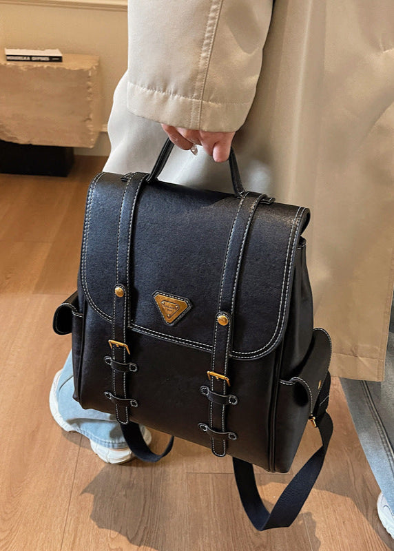 Classic Faux Leather Backpack With Gold Accents