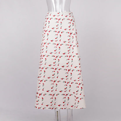 Cherry Print Elegant High-Waisted Midi Skirt