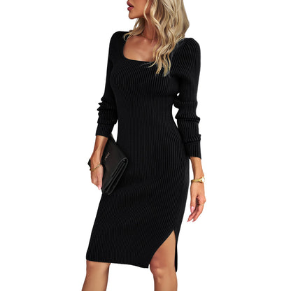Elegant V-Neck Knit Dress Comfortable All-Season Long Dress