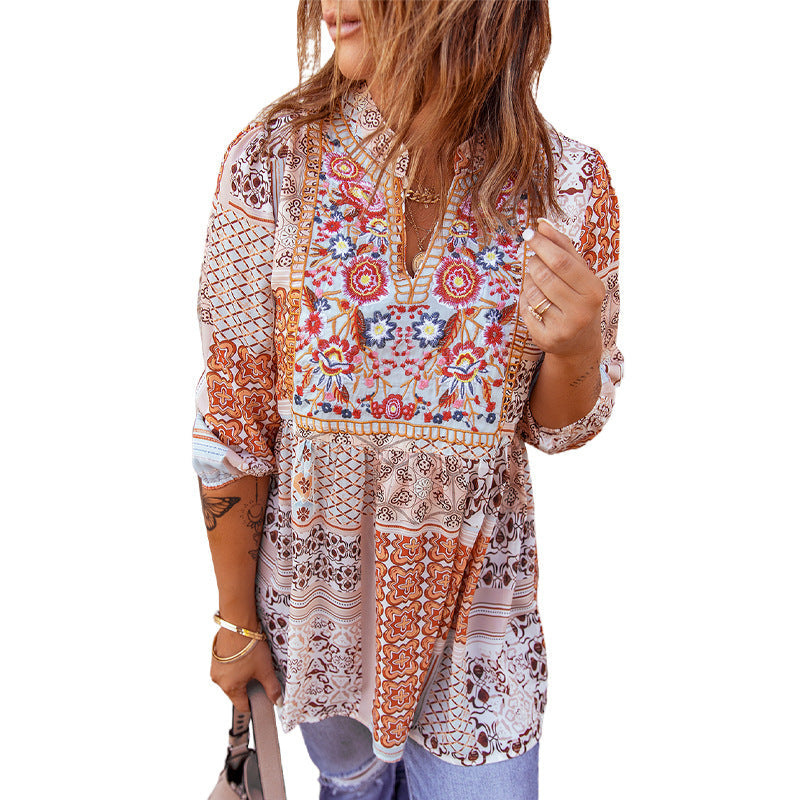 The New Fall Bohemian V-Neck Pullover T-Shirt With Long Sleeves