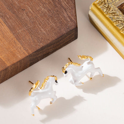 Elegant Enamel Horse Zodiac Stud Earrings For Women