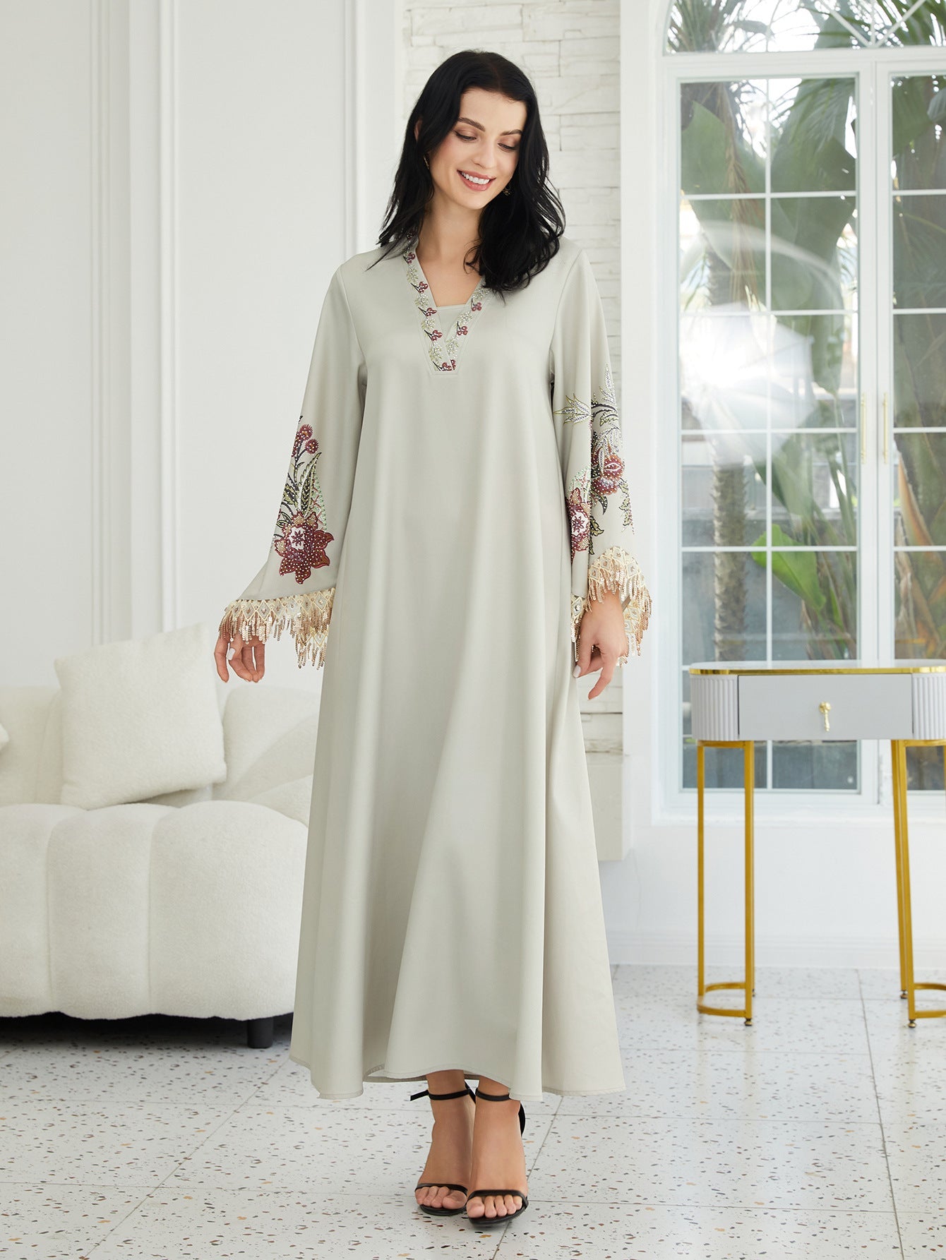 V-Neck Printed Fringed Abaya Dress for Women