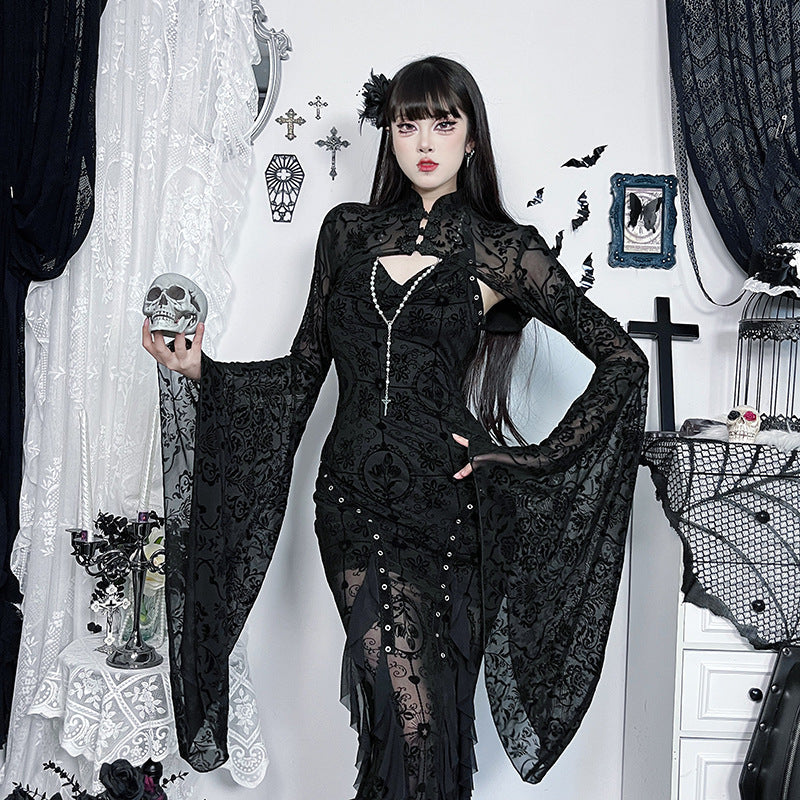 Gothic Floral Velvet Cardigan with Ruffled Sleeves