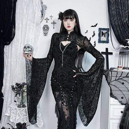 Gothic Floral Velvet Cardigan with Ruffled Sleeves