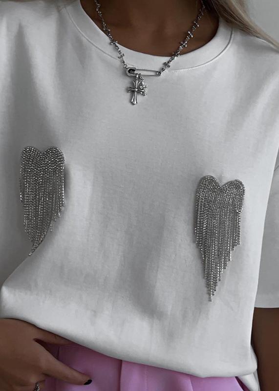 Embellished Cotton T Shirt With Rhinestone Wings