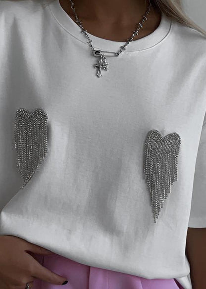 Embellished Cotton T Shirt With Rhinestone Wings