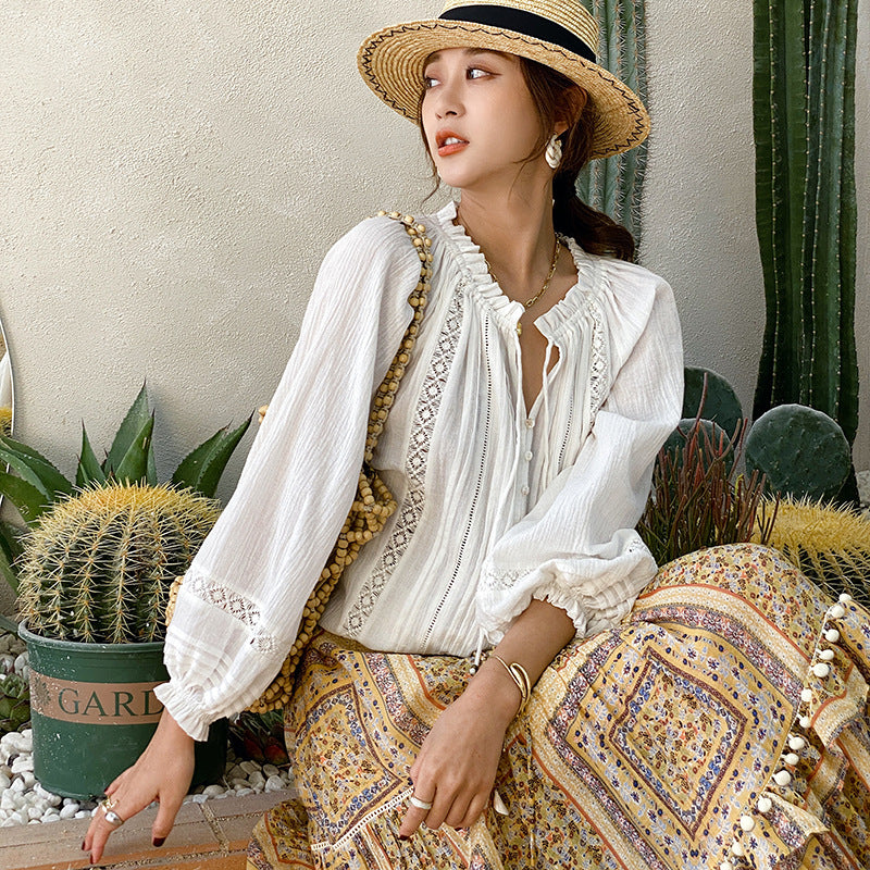 Long Sleeve Shirt Women'S French White Loose Blouse