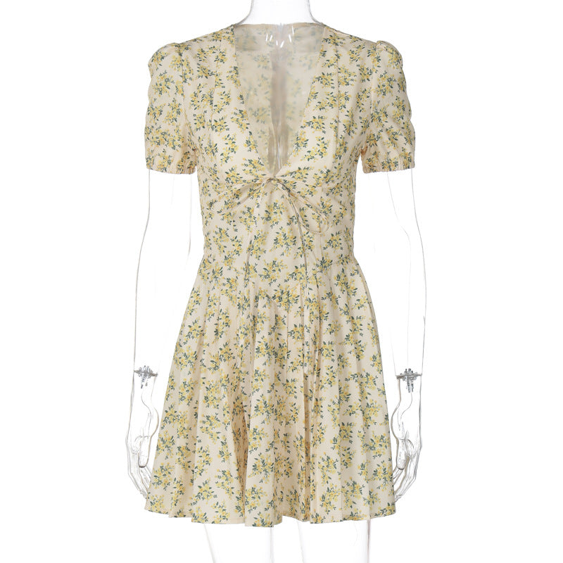 Summer Floral Pleated Midi Dress with Deep V-Neck