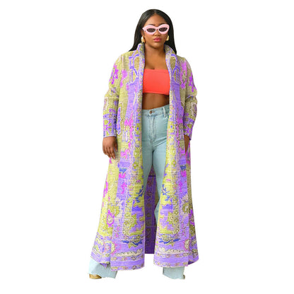 Plus Size Long Coat With Pleated Print For Women