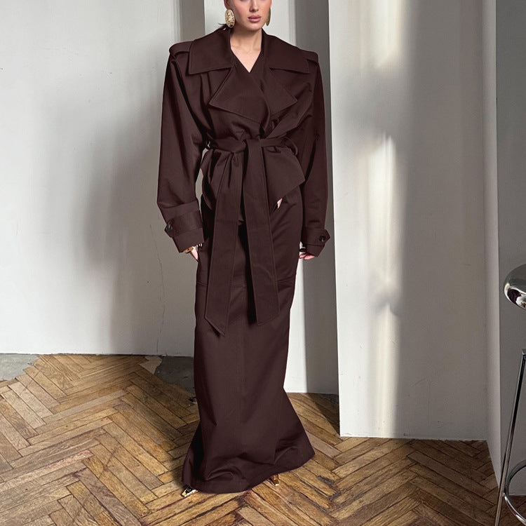 Chic Two-Piece Midi Skirt and Long Sleeve Trench Coat Set