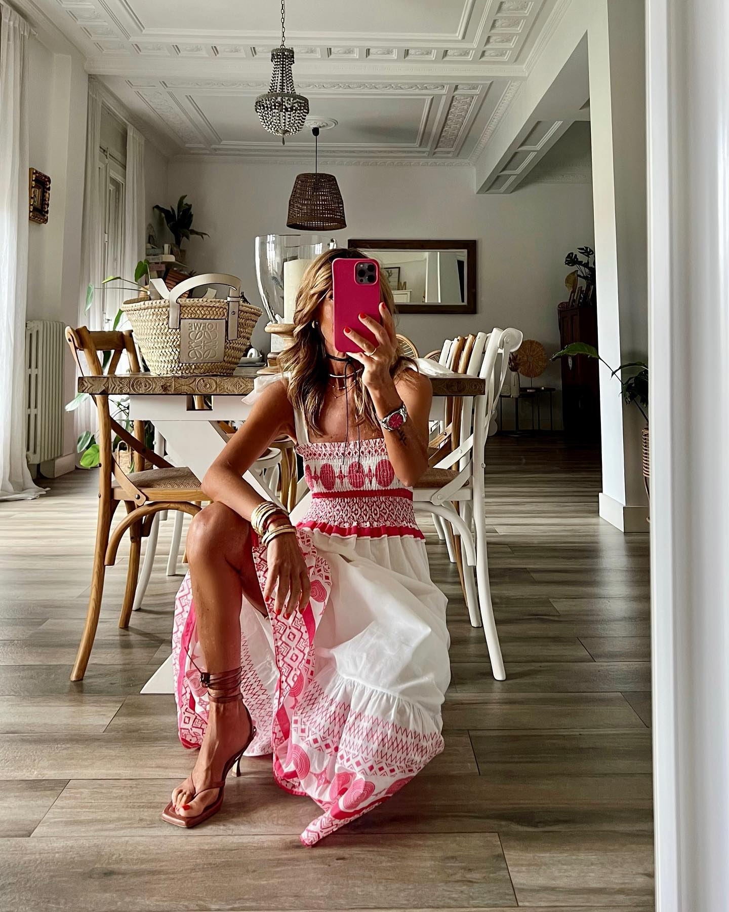 Summer New Lace Up Printing Sweet And Elastic Bohemian Style Dress