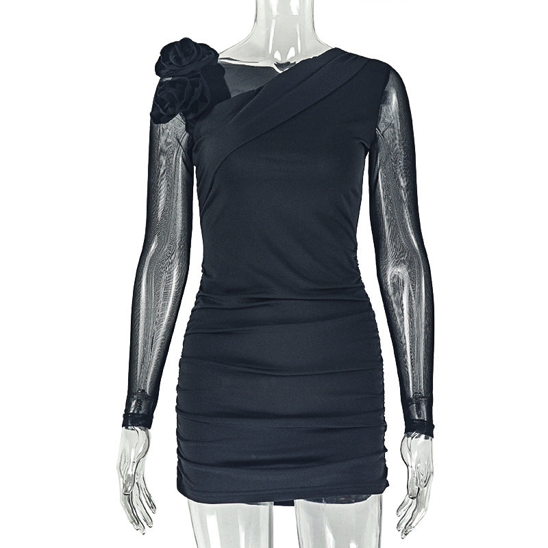 Floral Design Bodycon Dress With Asymmetrical Neckline And Long Sleeves