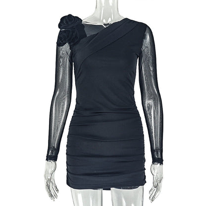 Floral Design Bodycon Dress With Asymmetrical Neckline And Long Sleeves