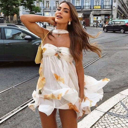 Backless Halter Neck Irregular Hem Mini Dress