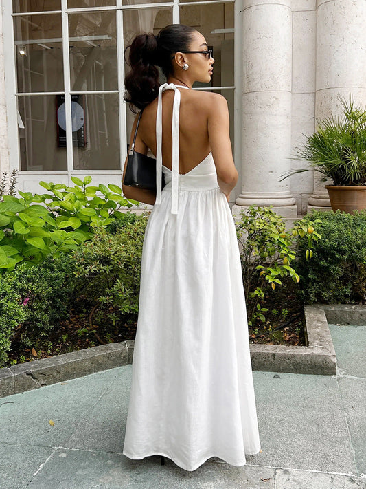Cotton Long Maxi Dress With V-Neck Tie Waist