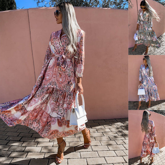 Women'S Spring New V-Neck Long Sleeve Floppy Dress