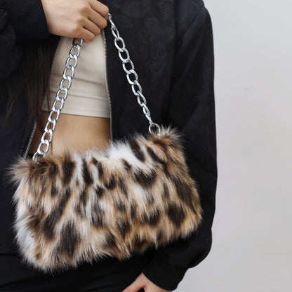 Fluffy Leopard Print Shoulder Evening Bag