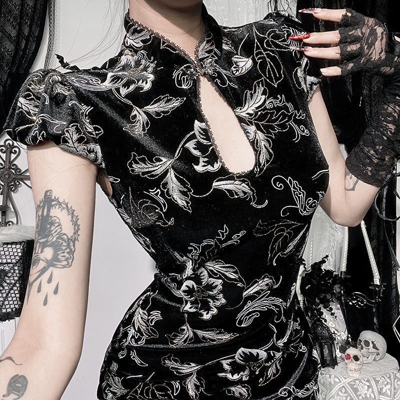 Elegant Chinese Style Qipao Dress with Gold Detailing