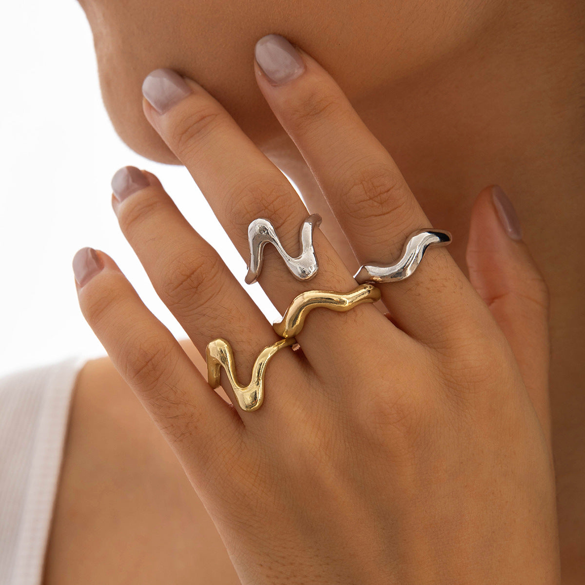 Geometric Metal Lava Line Open Ring Set - 4 Pieces