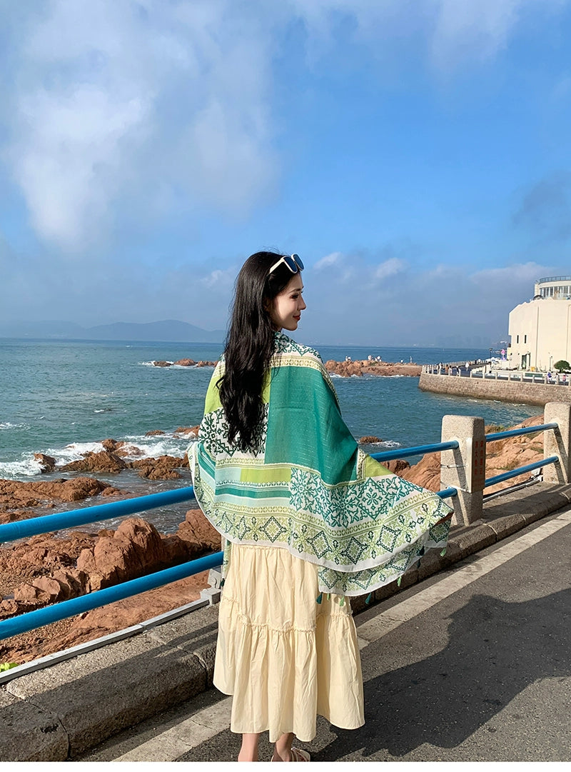 Fresh Green Ethnic Style Silk Scarf Women'S Summer Sunscreen Dual-Purpose Large Shawl Beach Towel Thin Cotton And Linen Scarf Yarn