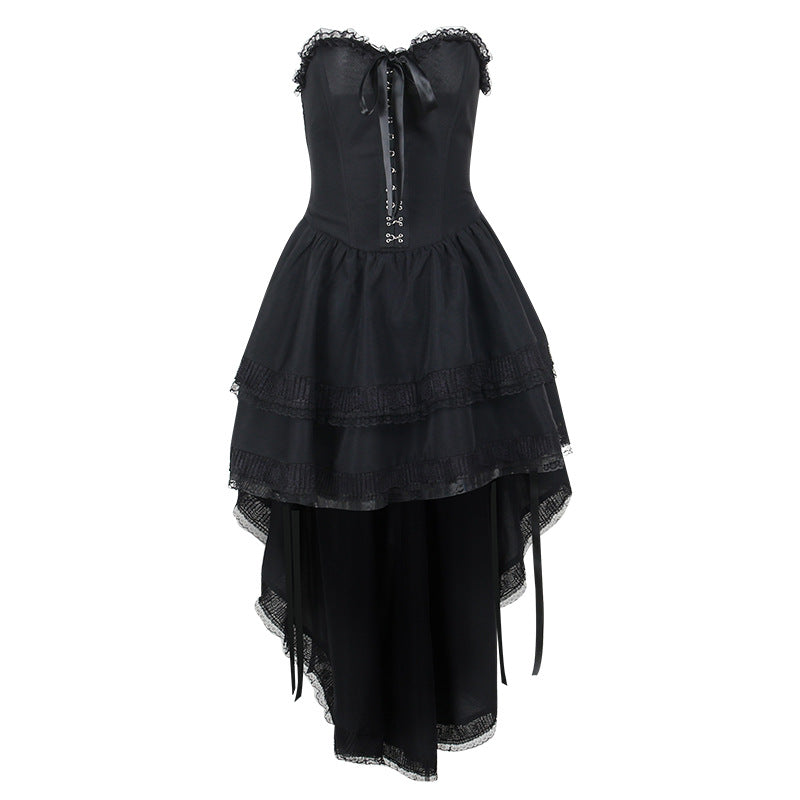 Gothic Style Black Draped Strapless Maxi Dress