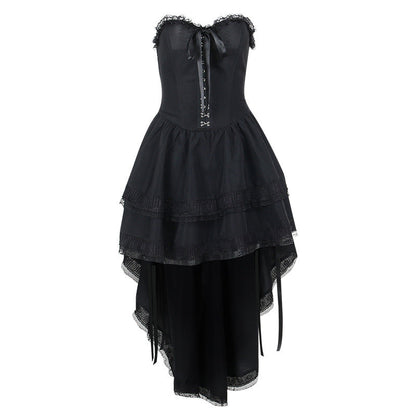 Gothic Style Black Draped Strapless Maxi Dress