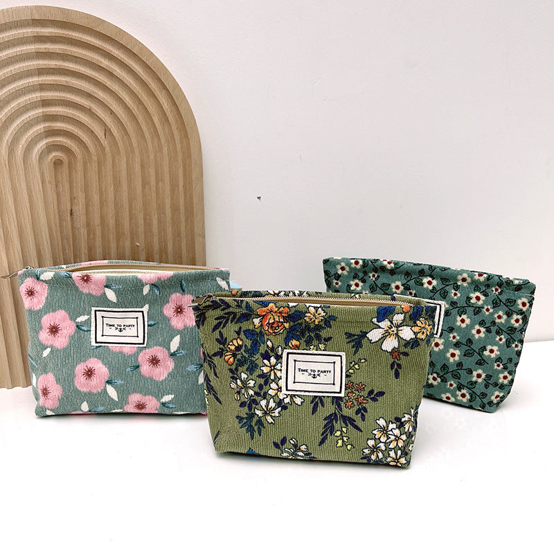 Corduroy Floral Zipper Makeup Bag Portable Travel Toiletry Organizer