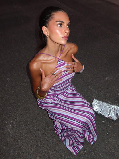 Colorful Striped Backless Maxi Dress