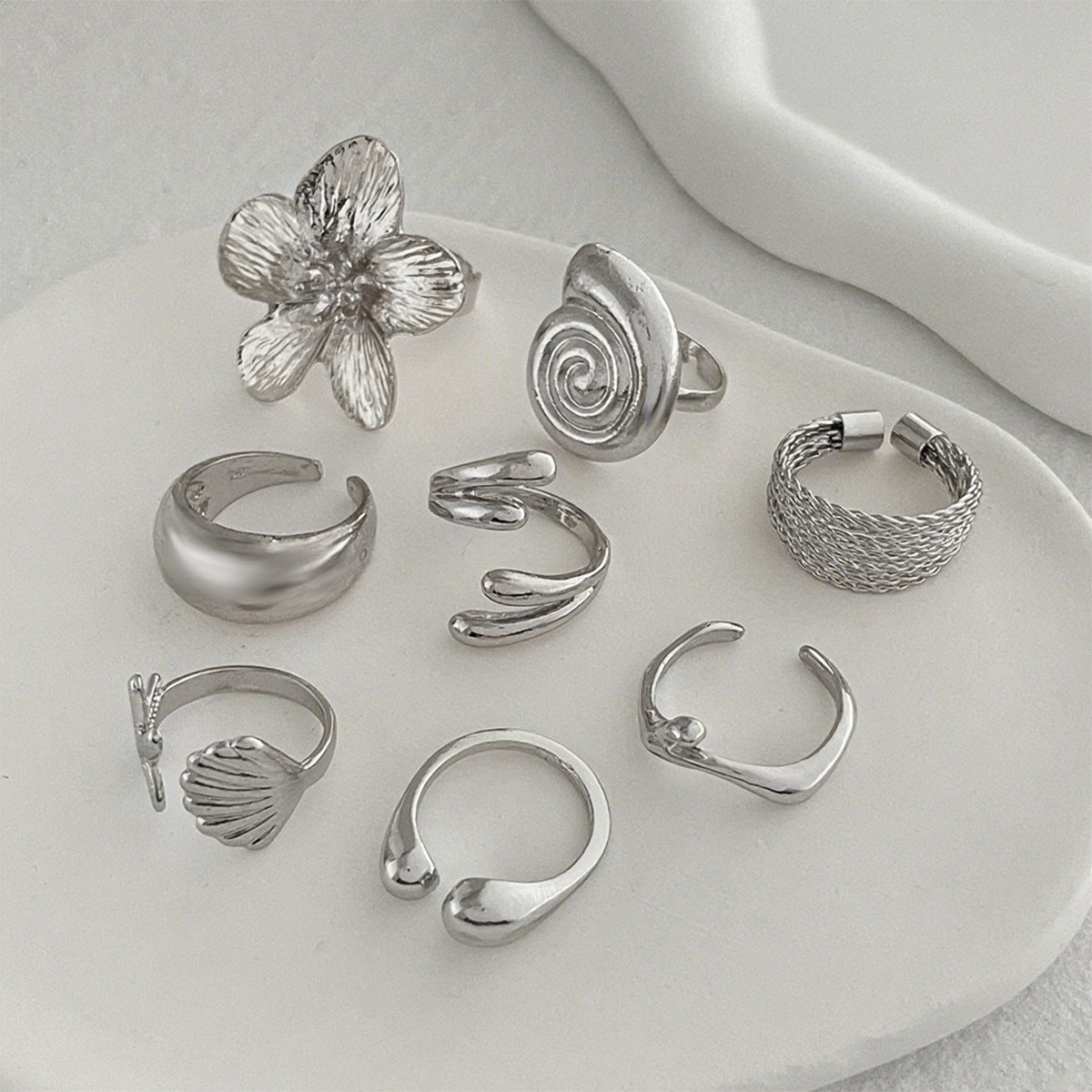 Shell And Flower Ring Set Elegant Metal Fashion Jewelry