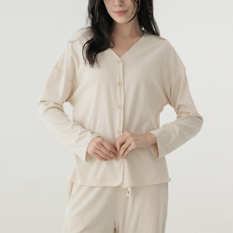 V-Neck Long Sleeve Pajama Set With Wide Leg Pants