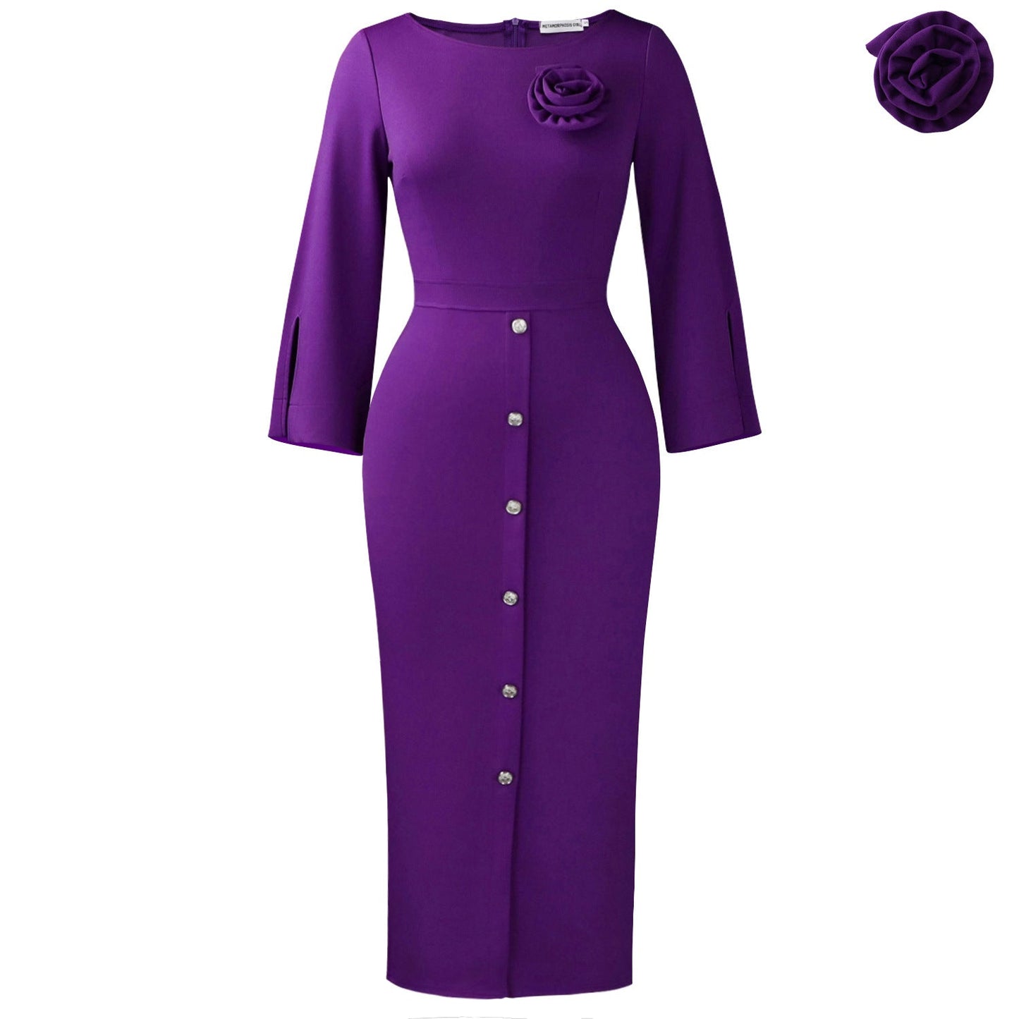Elegant Floral Bodycon Dress For Work - Peacock Green, Cream, Purple, Navy