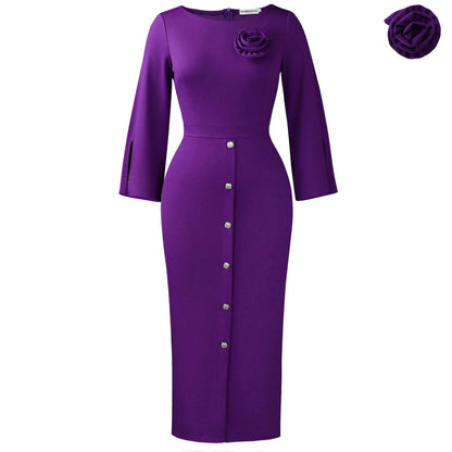 Elegant Floral Bodycon Dress For Work - Peacock Green, Cream, Purple, Navy