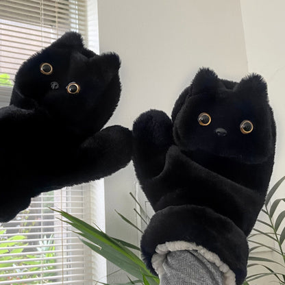 Black Cat Plush Gloves Cute Winter Warmth for Students
