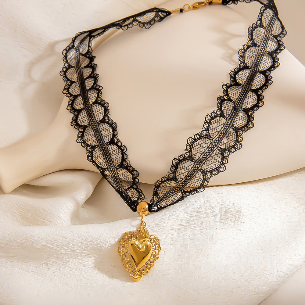 Elegant Lace Detail Heart Pendant Necklace in Stainless Steel