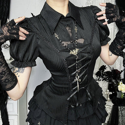 Gothic Lace Cross Lolita Shirt Elegant Short Sleeve