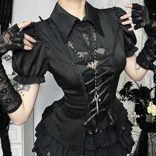 Gothic Lace Cross Lolita Shirt Elegant Short Sleeve