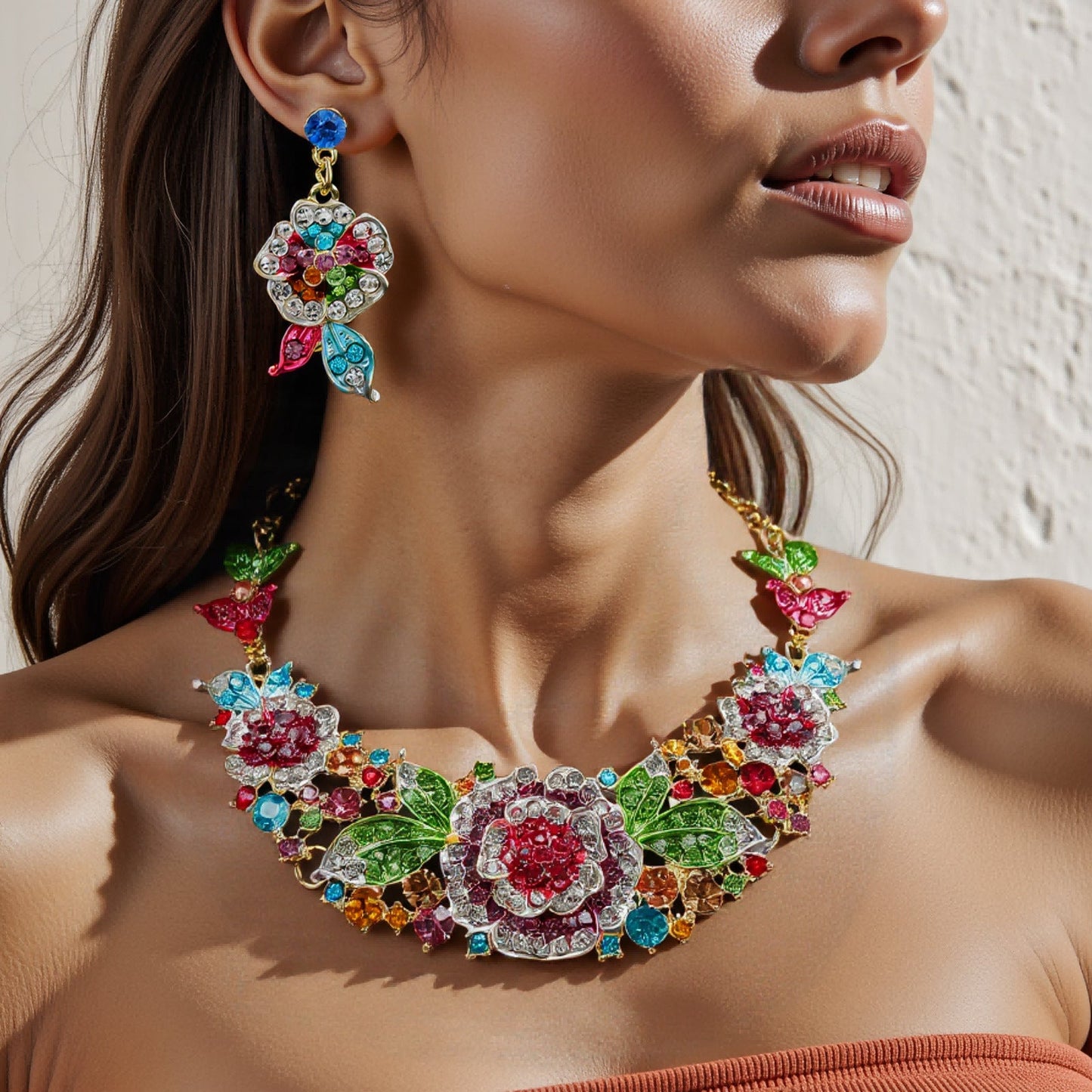 Exaggerated Rose Flower Necklace and Earring Set for Women
