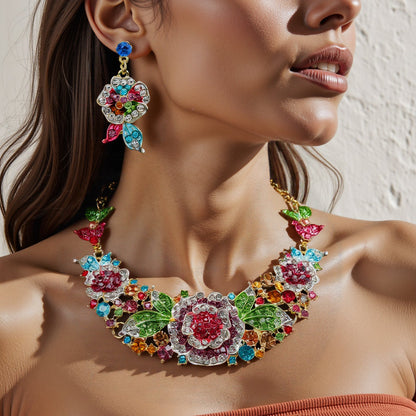 Exaggerated Rose Flower Necklace and Earring Set for Women