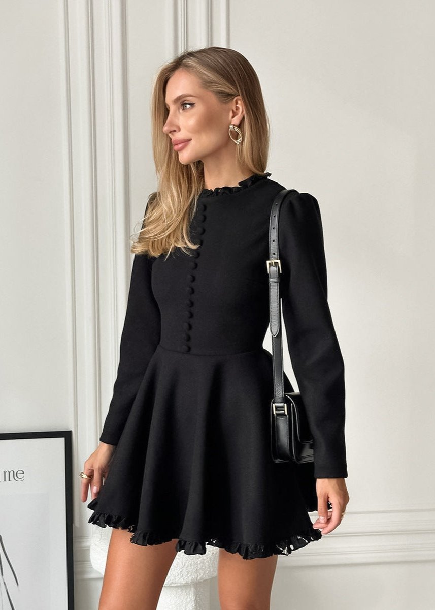 Buttoned Mini Dress High Quality Fabric Black
