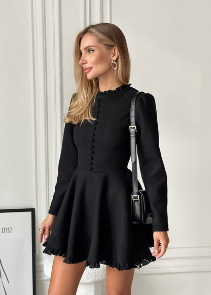 Buttoned Mini Dress High Quality Fabric Black