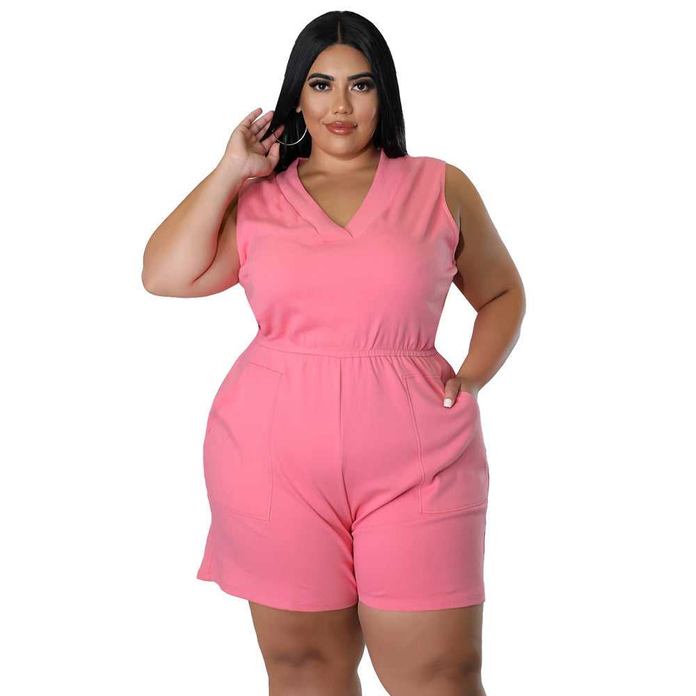 Plus Size V-Neck Solid Color Sleeveless Jumpsuit With Pockets