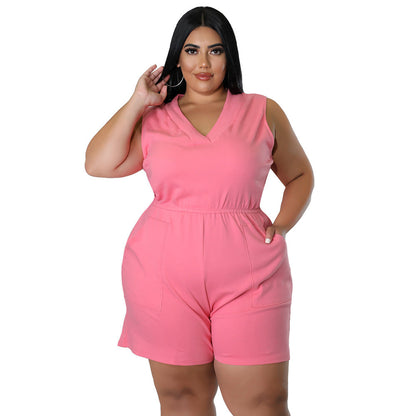 Plus Size V-Neck Solid Color Sleeveless Jumpsuit With Pockets